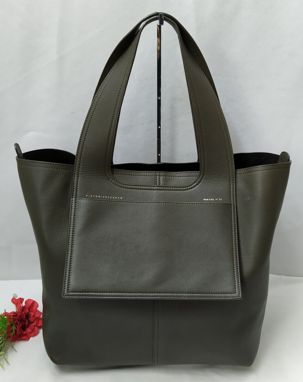 Victoria Beckham Apron Tote Olive Green Leather Double Handle Large Zipper Bag